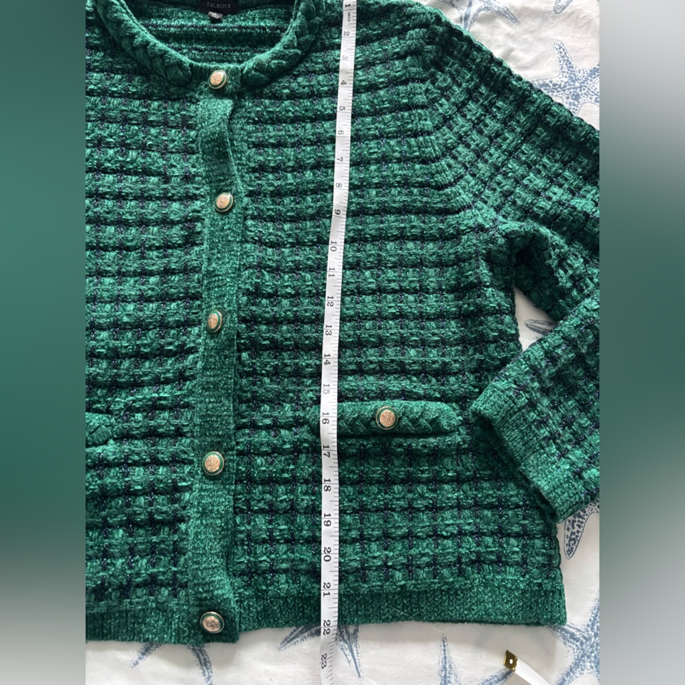 Talbots Chenille Cardigan Sweater Green Blue Metallic Thread Gold-Tone Buttons L - Picture 8 of 9